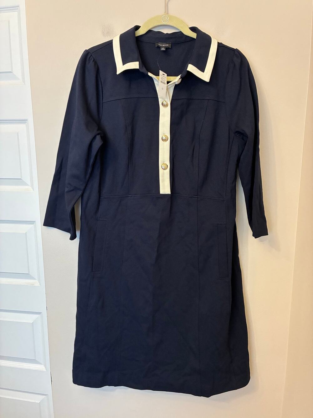 Talbots NEW Tipped Ponte Shirt Dress Women's 12 Jersey Stretch Pockets Navy
